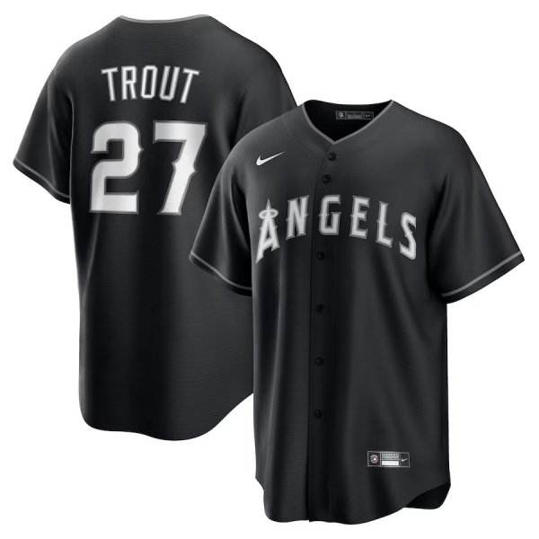 Men's Los Angeles Angels #27 Mike Trout Nike Black Lights Out Replica Player Jersey