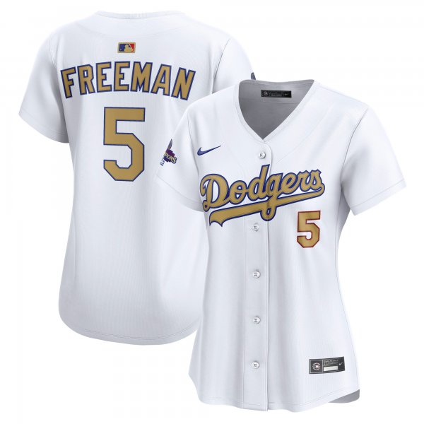 Women's #5 Freddie Freeman Los Angeles Dodgers Nike 2025 Gold Collection Limited White Jersey