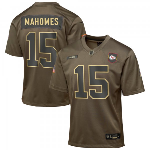 Youth #15 Patrick Mahomes Kansas City Chiefs Nike 2025 Salute to Service Game Olive Jersey