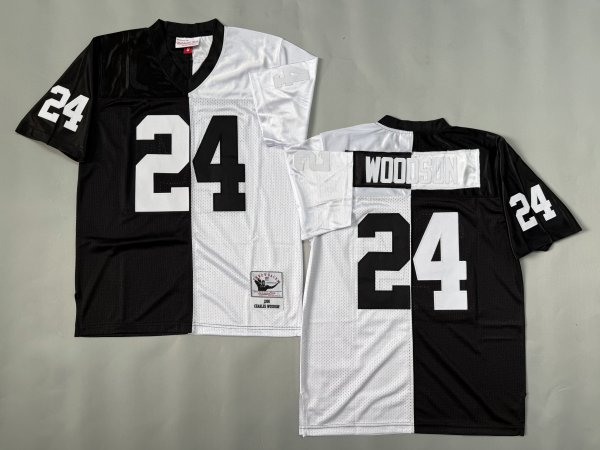 Men's Las Vegas Raiders #24 Charles Woodson Split Black & White Mitchell & Ness Jersey