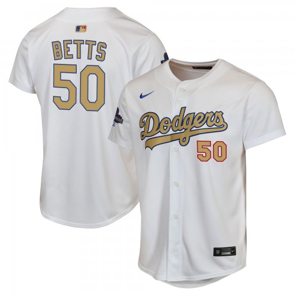 Youth #50 Mookie Betts Los Angeles Dodgers Nike 2025 Gold Collection Limited White Jersey