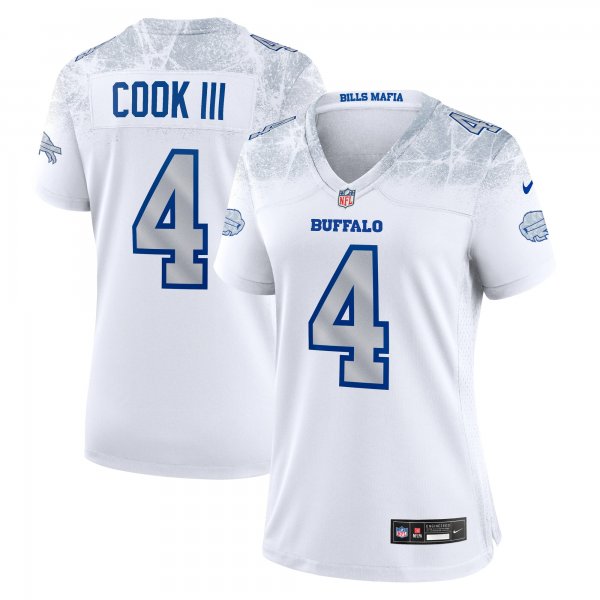 Women's #4 James Cook III Buffalo Bills Nike 2025 Rivalries Collection Game White Jersey
