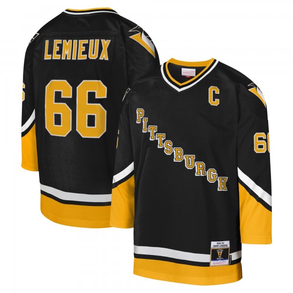 Youth Pittsburgh Penguins Mario Lemieux Mitchell & Ness Black 1992-93 Blue Line Captain Patch Player Jersey